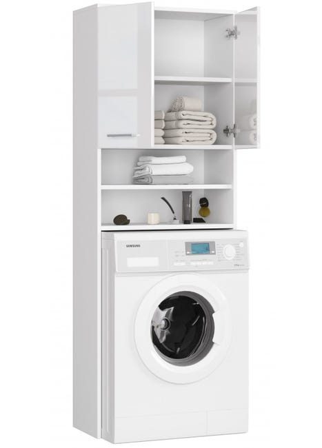 Meuble pour la machine a laver avec deux armoires et un lieu de lave-linge,  h:180cm,l:64cm,p:30cm, blanc/blanc brillant