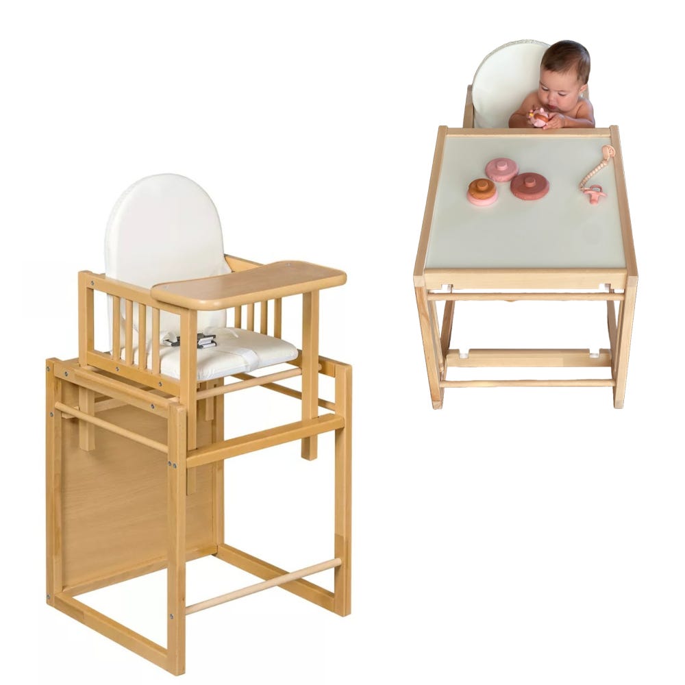 Trona evolutiva bebe portatil de madera de haya Evoluonge. Convertible en  mesa y silla infantil. Asiento acolchado