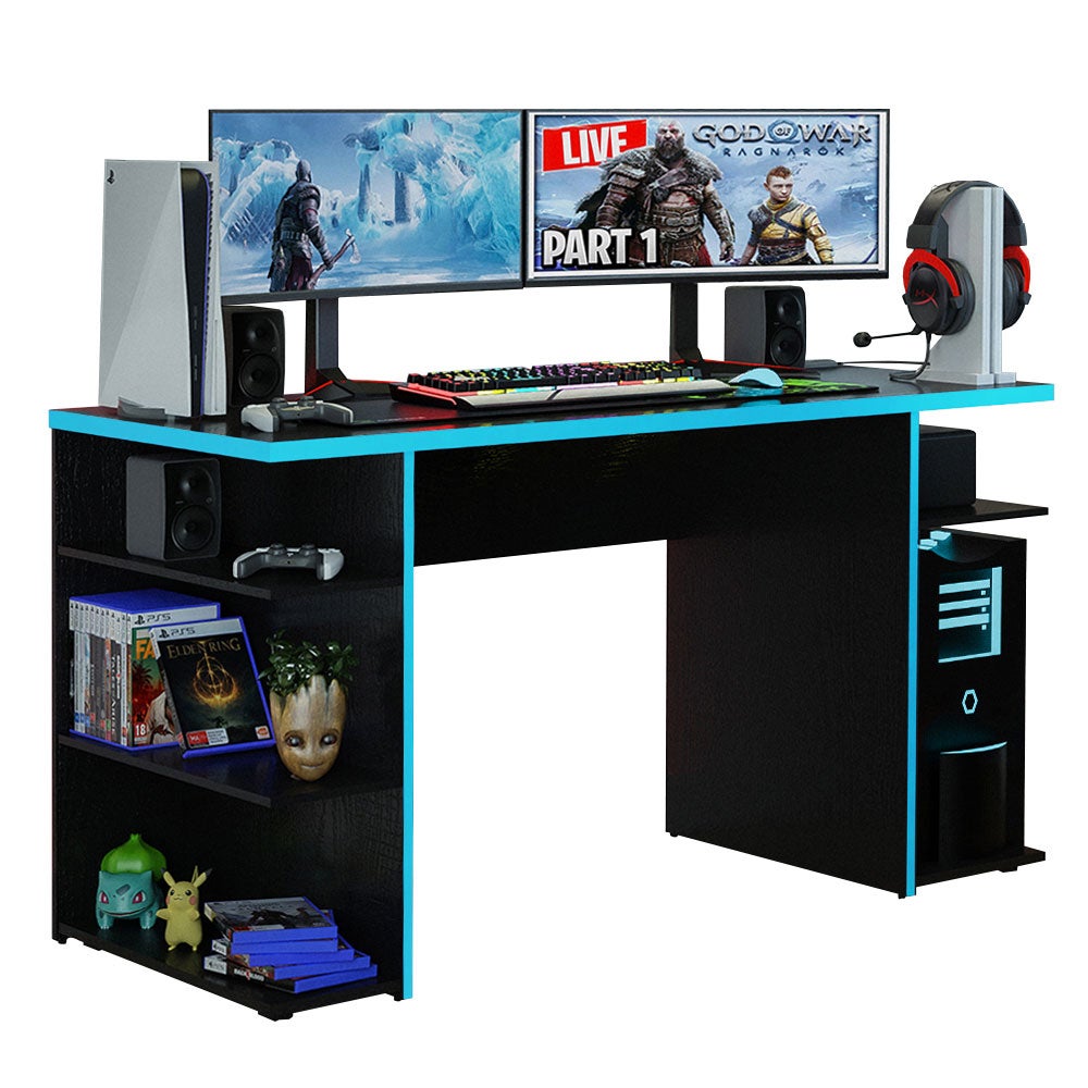 Madesa Scrivania Gaming, Scrivania per Computer, Ufficio e Studio,  Postazione di Lavoro, 136 x 60 x 75 cm, in legno – Nero/Blu