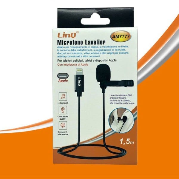 Trade Shop - Microfono Lavalier Con Clip Colletto Bavero Plug Lightning  Iphone 1.5mt Am7777