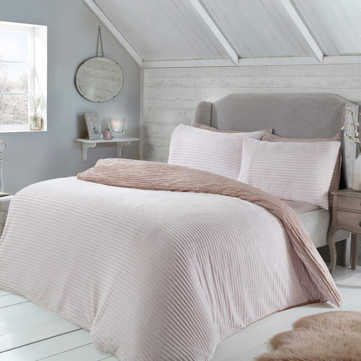 Sleepdown Set di biancheria da letto con copripiumino e federe, in pile  glitterato, reversibili, colore: rosa cipria (135 x 200 cm)