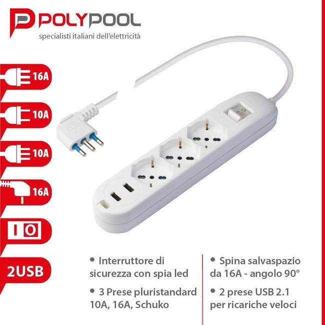 POLY POOL - PP2526 Ciabatta Multipresa Elettrica Smart - 3 Prese Schuko  Multistandard Bivalenti - 2 Prese USB 2.4A per Carica Veloce - Spina  Salvaspaz
