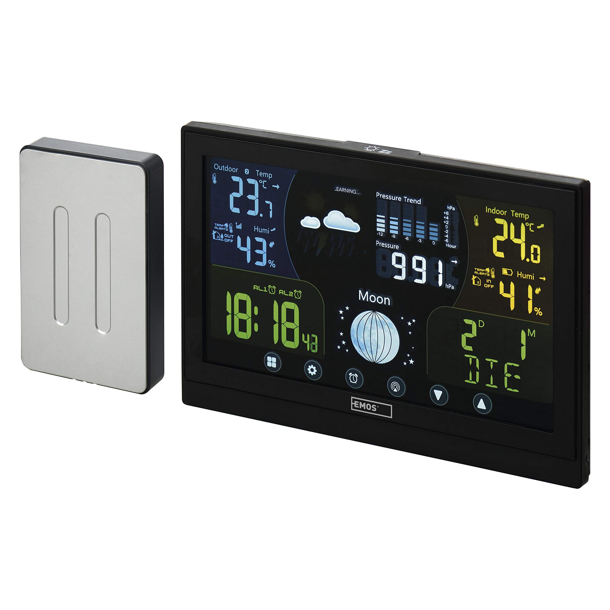 EMOS E6018 - Stazione meteorologica radio con sensore esterno e display  touchscreen a colori + alimentatore, 13 funzioni: termometro, igrometro,  barom