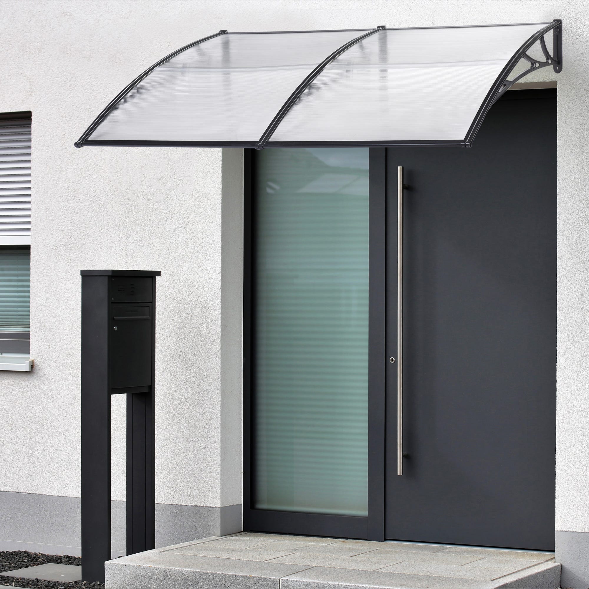 Marquesina exterior para Puertas Mellerud protección policarbonato /  plástico 240 x 100 cm - Transparente y Negro [en.casa]