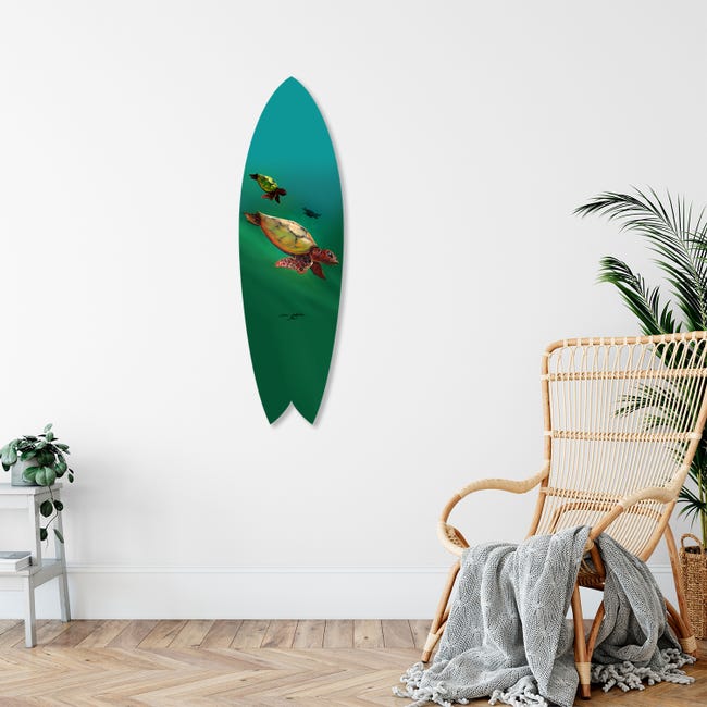 Planche de surf décorative, impression sur alu-dibond, déco murale, Planche  de surf déco murale Tortue Marine, 100x30 cm