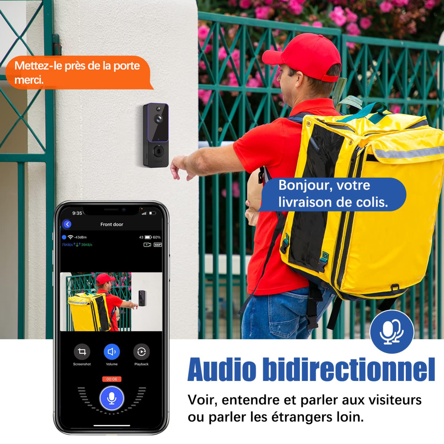 Caméra de sonnette sans fil, sonnette vidéo WiFi avec détection humaine intelligente, audio bidirectionnel, vision nocturne HD, vue en direct - 2