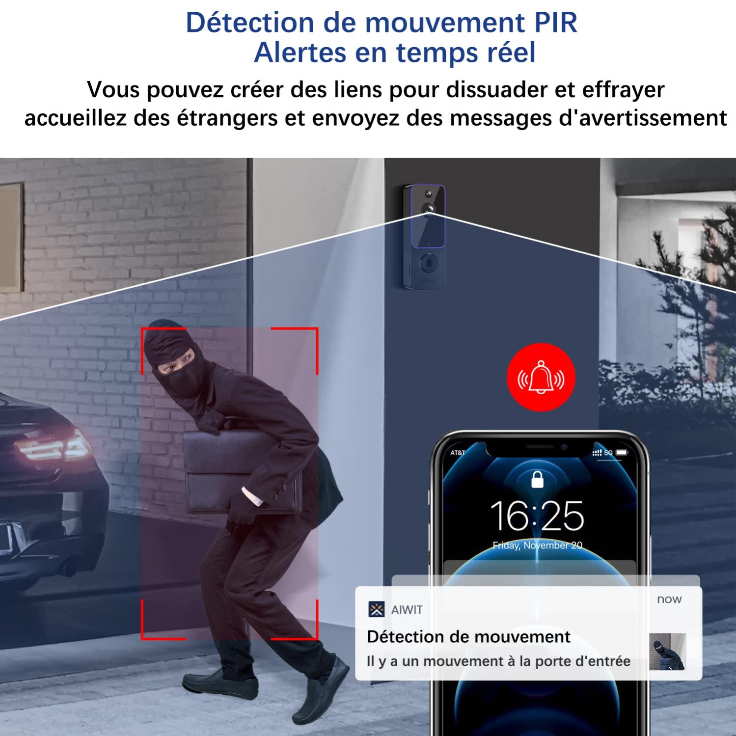Caméra de sonnette sans fil, sonnette vidéo WiFi avec détection humaine intelligente, audio bidirectionnel, vision nocturne HD, vue en direct - 3