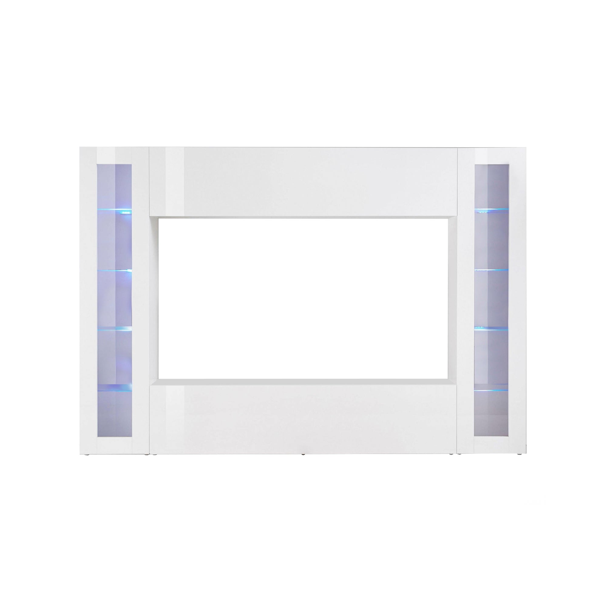 Parete attrezzata Dgirm, Set salotto porta TV a 4 ante, Mobile soggiorno  multiuso, cm 260x30h180, Bianco lucido, con luce LED blu e due vetrine