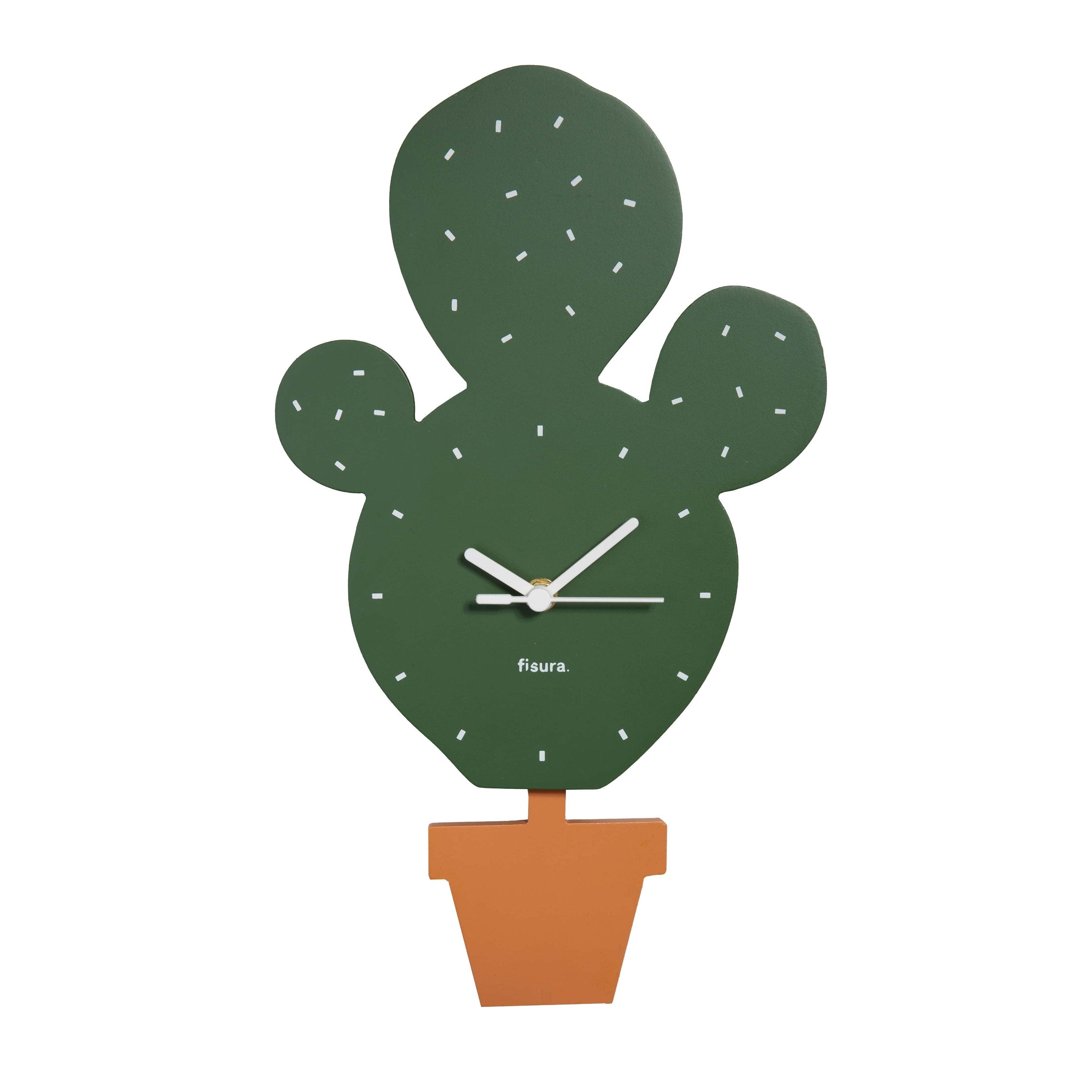 Fisura – Reloj de pared original cactus. Reloj de pared silencioso de 38 x  20 cm. Reloj de cocina verde. Reloj de péndulo de madera y ABS. 1 Pila AA.