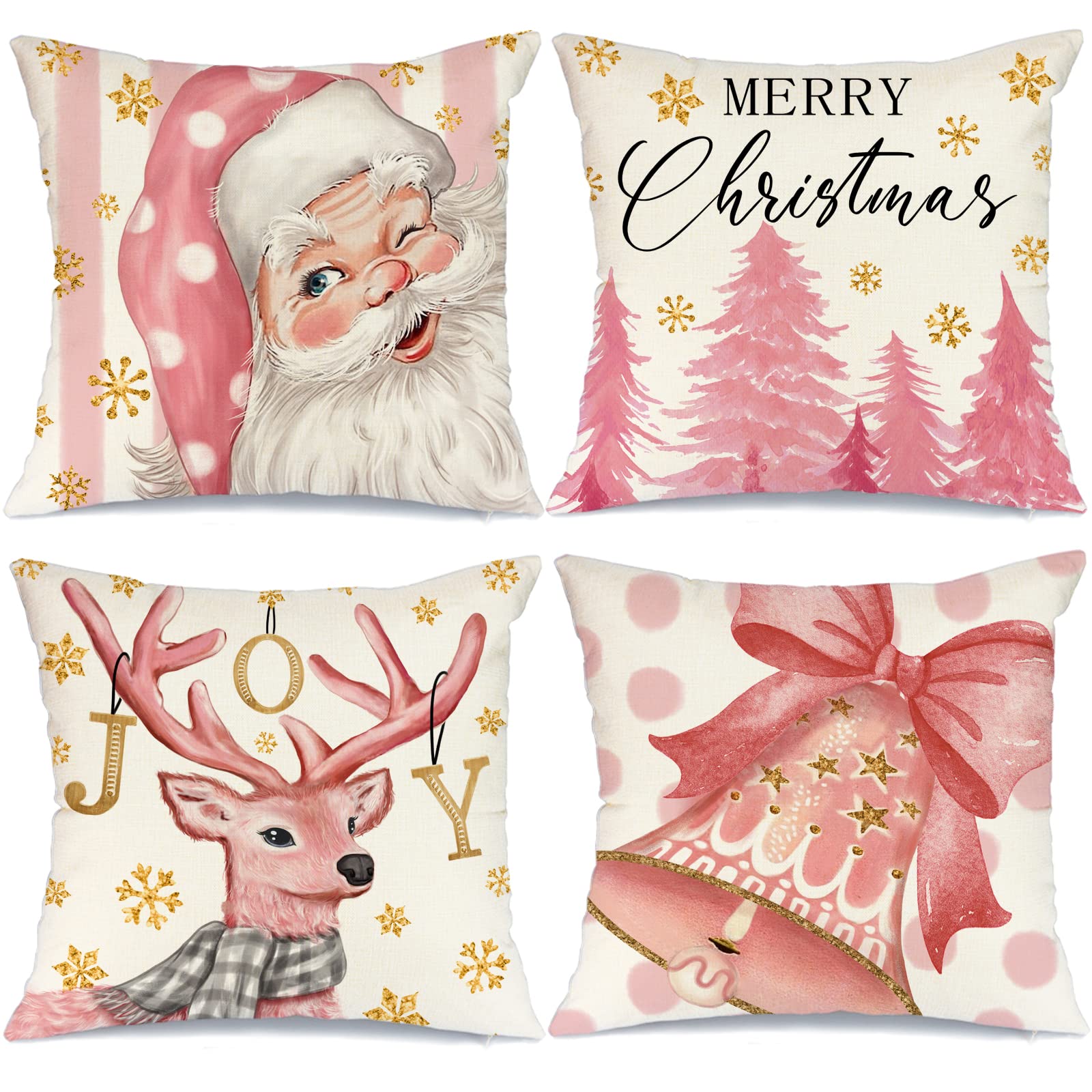 Federe per cuscini natalizi 45x45 cm, set di 4 per decorazioni natalizie in  fattoria, Babbo Natale, albero di Natale, renne, cuscini natalizi rosa.