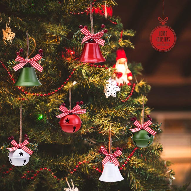  Petyoung Paquete de 6 cascabeles de Navidad, campanas colgantes  grandes de metal con cinta de bayas de acebo para árbol de Navidad, corona,  adornos para decoración del hogar : Hogar y