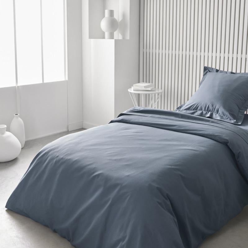 Housse De Couette 100% Coton 144 Fils - Taille 150x220 Cm + 1 Taie 45x110 Cm - Gris Bleuté - Doux Et Respirant - 6