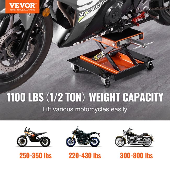 VEVOR Cric de Moto 700 kg Hauteur de Levage 12-38,5 cm Pont Élévateur  Hydraulique Plaque-Forme Antidérapante Table Élévatrice Moto Roulette