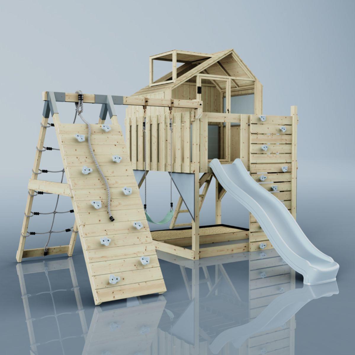 KANGUI Aire de jeux portique en bois WOODI - Double balançoire, toboggan, cabane, mur d'escalade - Jeux - Jouets