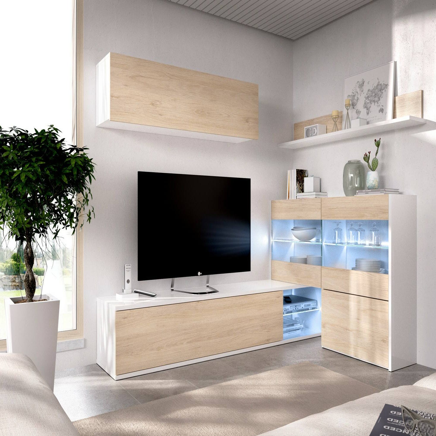 Mueble de salón y TV Anice cemento 265x180x42 cm (anchoxaltoxfondo)