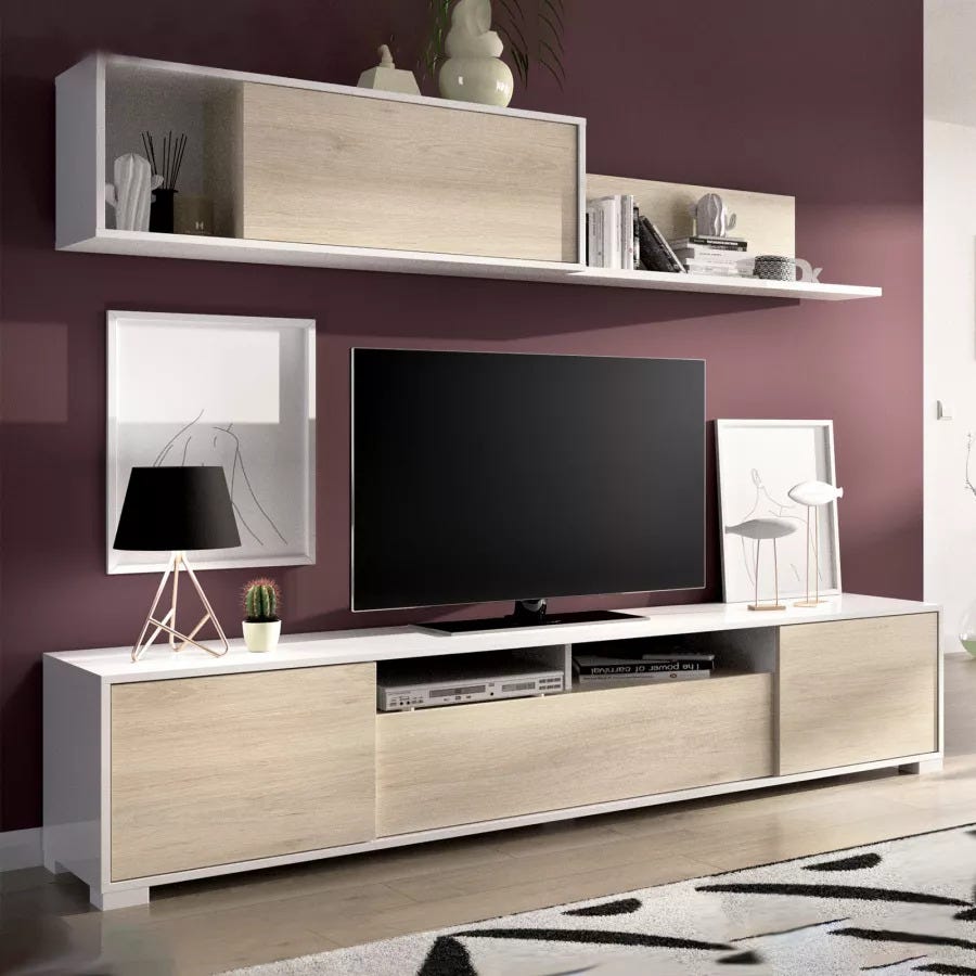 Parete attrezzata da soggiorno reversibile, Mobile porta TV con pensile e  mensole, Salotto completo, cm 200x31h39, colore Antrac