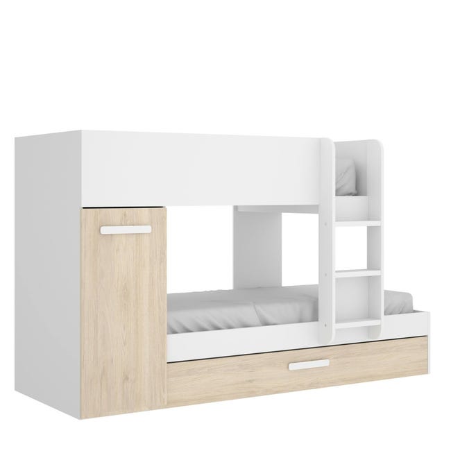 Cama infantil Breithorn, Dormitorio completo con armario y cajones,  Composición litera con dos camas individuales, 275x108h150 cm, Blanco y  Roble