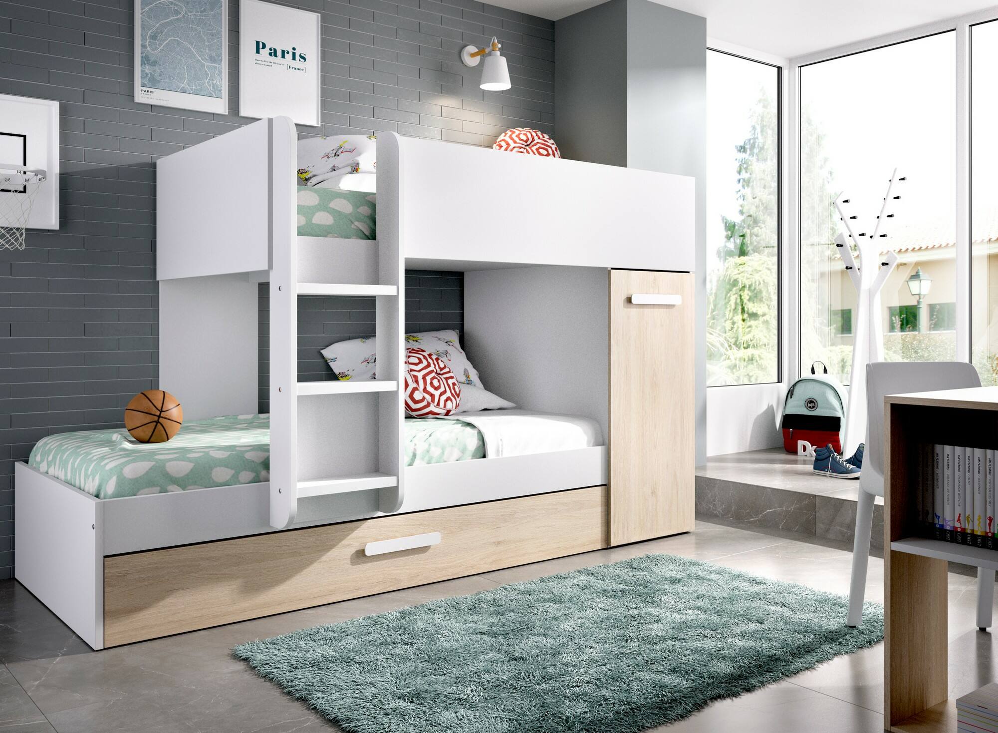 Letto per bambini Eiger, Cameretta completa con armadio e cassetto,  Composizione letto, 244x112h150 cm, Rovere e Bianco