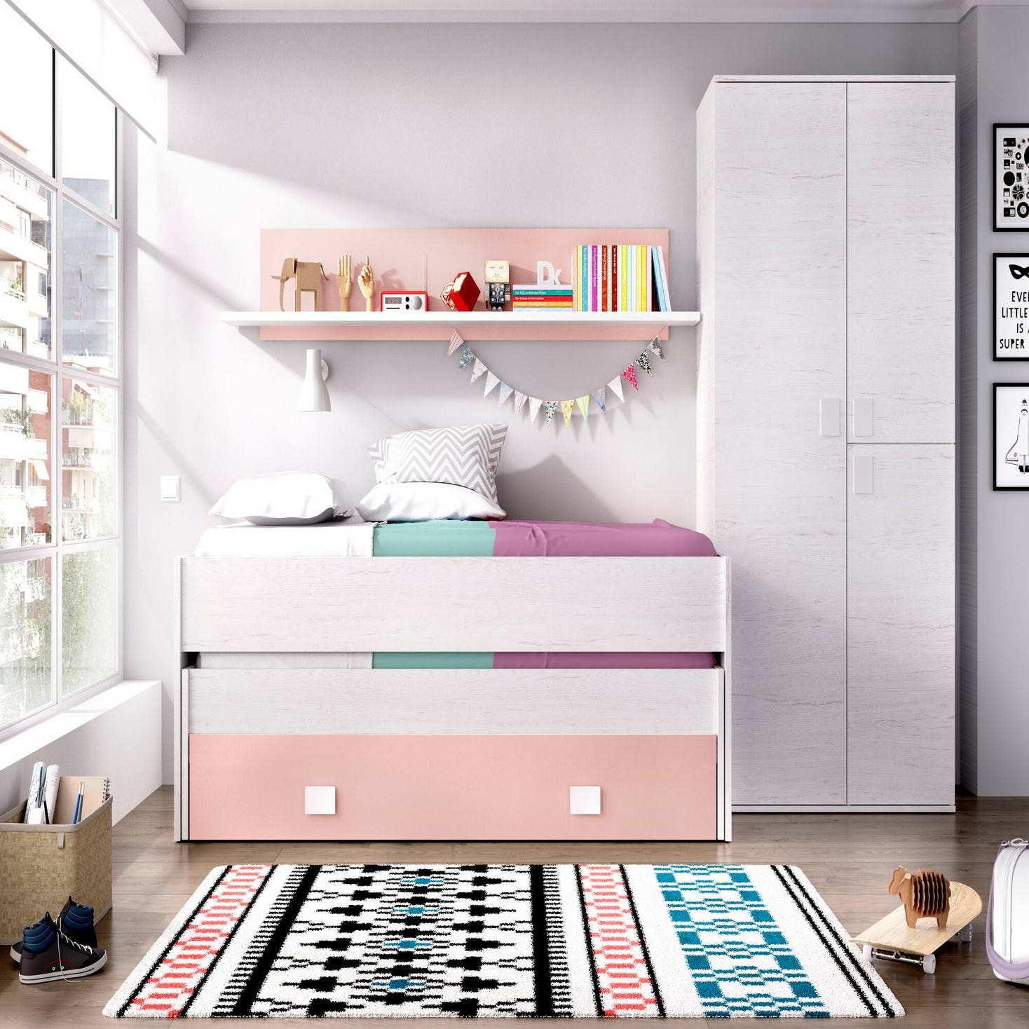 Habitación infantil en blanco y rosa con cama nido 
