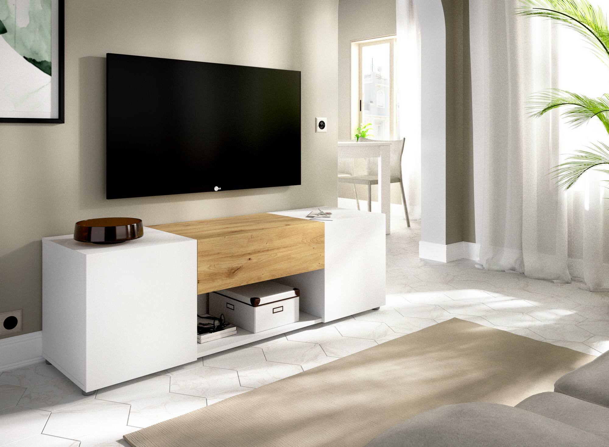 Mueble de televisión Ario, Aparador bajo para salón, Aparador para salón  para televisión, 138x35h45 cm, Blanco y Roble Nodi