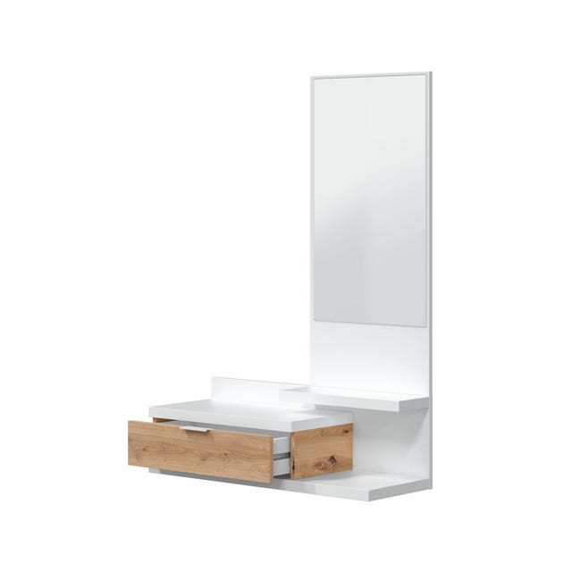 Mueble entrada recibidor con espejo redondo de pared de 80cm TULY. Mueble  colgante con cajón y 3 colgadores.