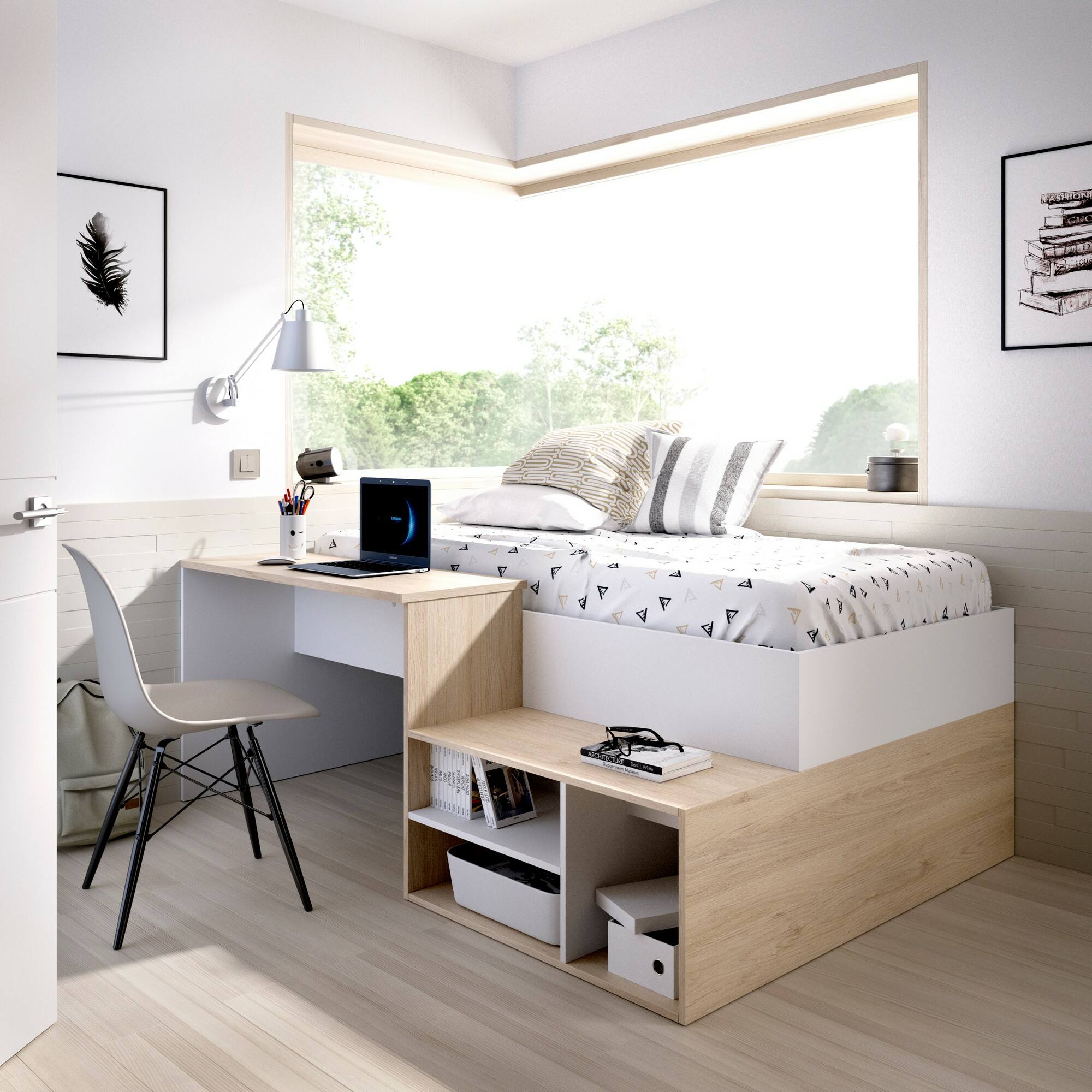 Cama infantil Cervino, Cama individual para dormitorio, Juego con  escritorio y estantes, 195x134h73 cm, Blanco y Roble