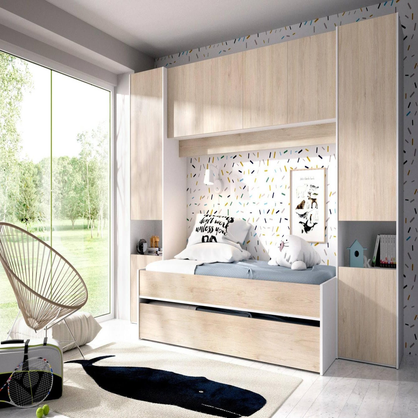 Cama infantil Venturosa, Dormitorio completo con armario puente y cómoda,  Composición con cama y cama nido individual, 303x97h203 cm, Roble y Blanco
