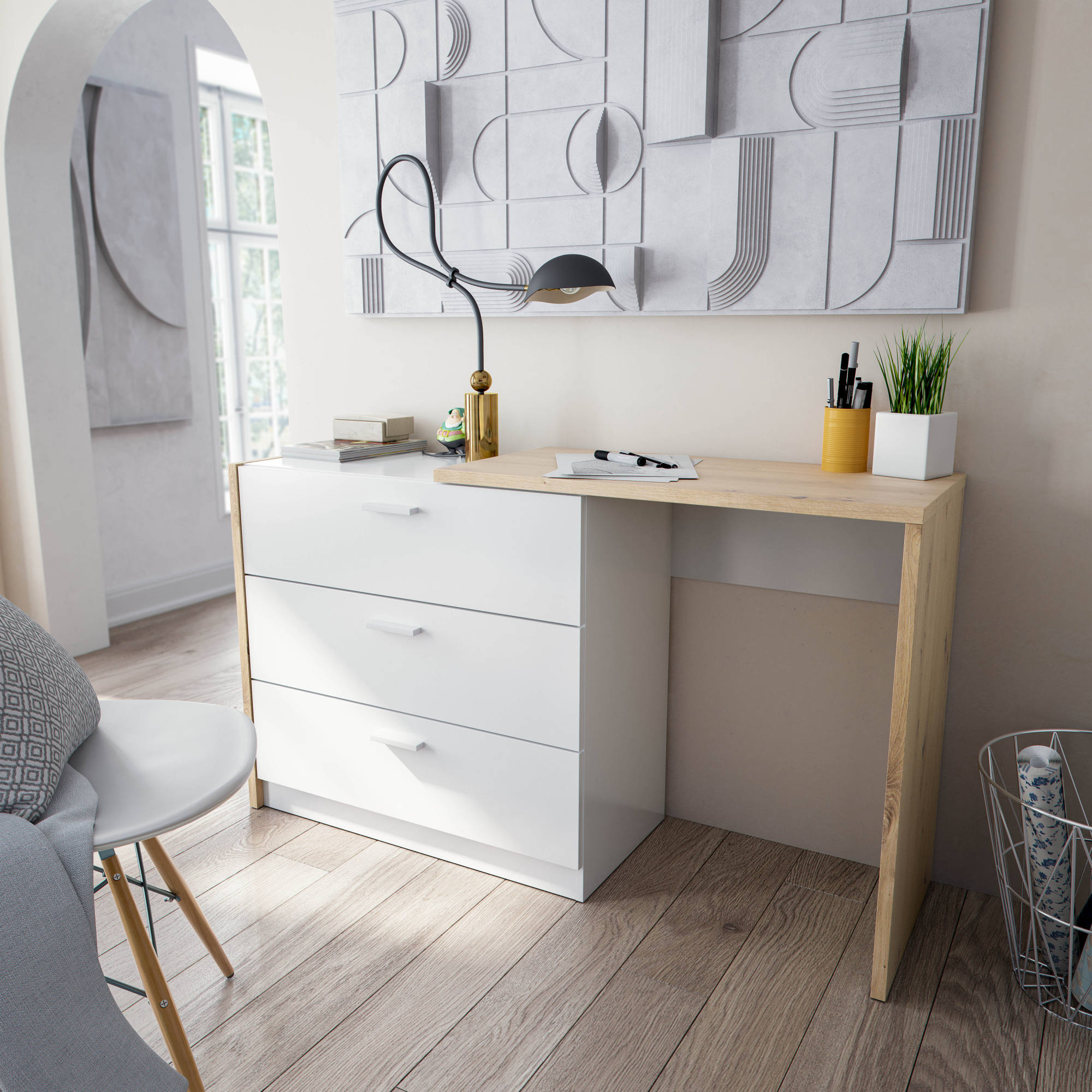 Alter - Bureau linéaire avec tiroir, Table de travail pour chambre ou bureau,  Bureau moderne pour support PC, Cm 81,5x40h77, Couleur chêne avec effet  nœuds et Blanc - Bureaux - Rue du Commerce