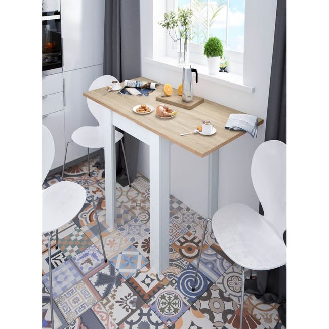 Table de cuisine extensible coloris chêne canadien / blanc artic - Hauteur  79 x longueur 67/134cm x