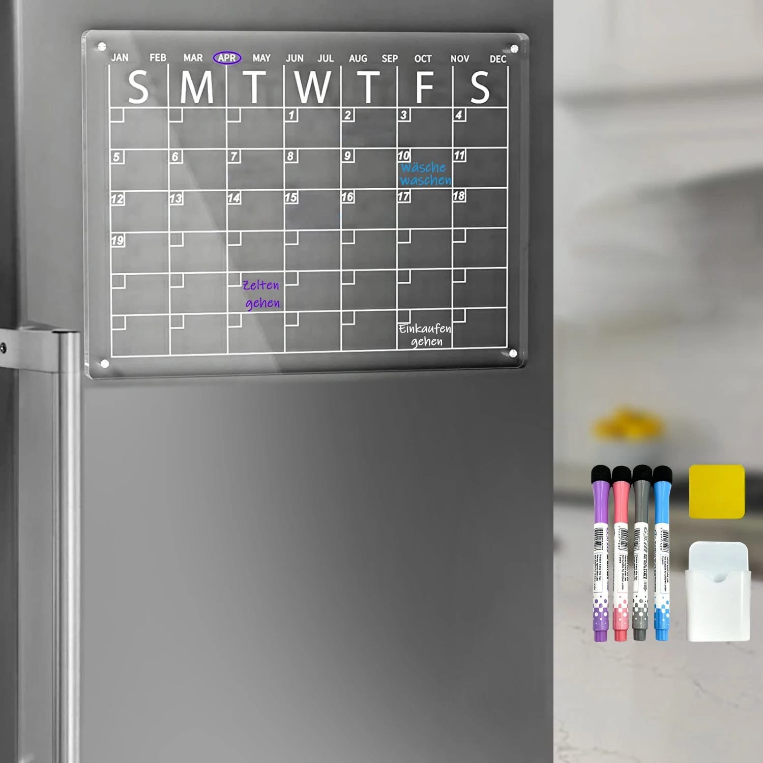Ensemble de calendrier magnétique en acrylique pour réfrigérateur,  planificateur transparent effaçable à sec avec 4 marqueurs et support de  stylo