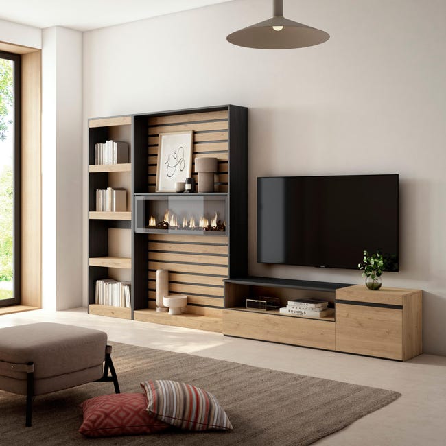 Chimenea electrica decorativa con función de mueble para televisión