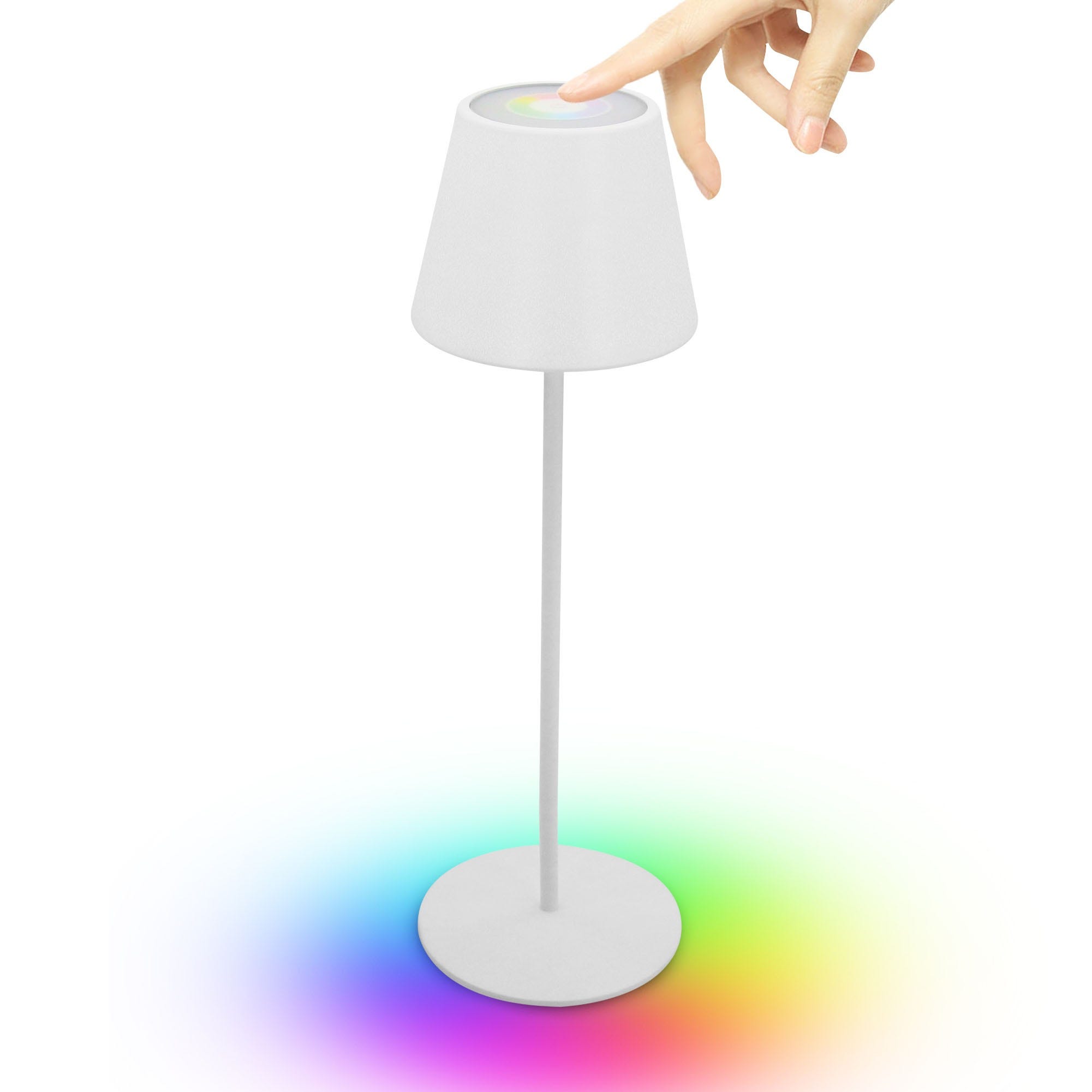 Lámpara de mesa LED recargable, dimmer táctil, blanco + RGB, IP54. Blanco,  Blanca