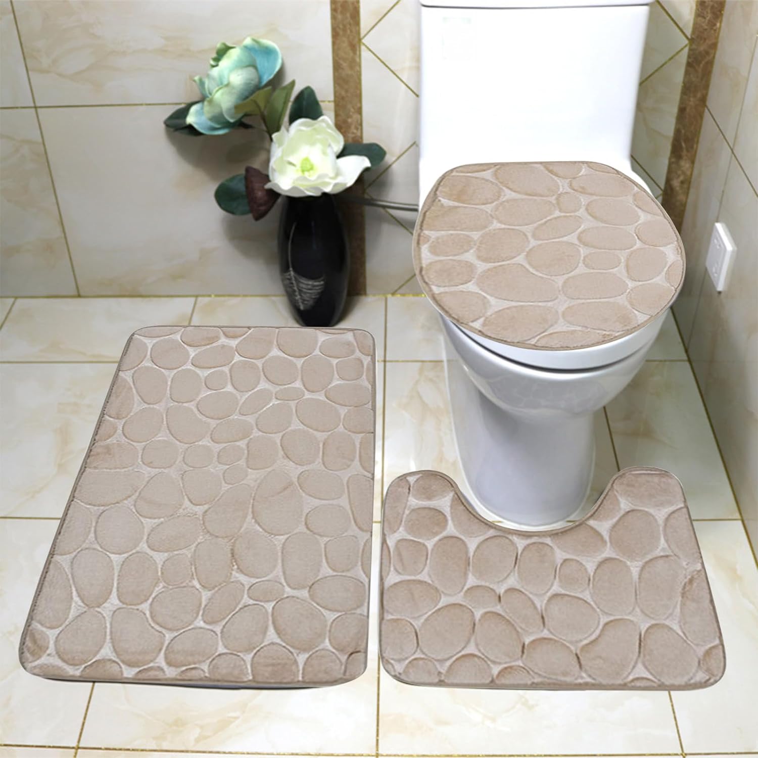 Ensemble de 3 tapis de salle de bain, tapis de bain-douche, tapis de  toilette en forme de U et housse d'abattant de toilette pour baignoire