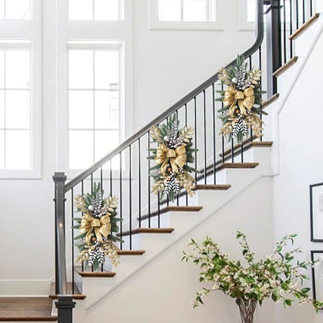 Ghirlanda natalizia con luci a LED, ghirlanda natalizia per scale con  ornamenti di bacche, ghirlanda natalizia per porta d'ingresso, 60x30 cm