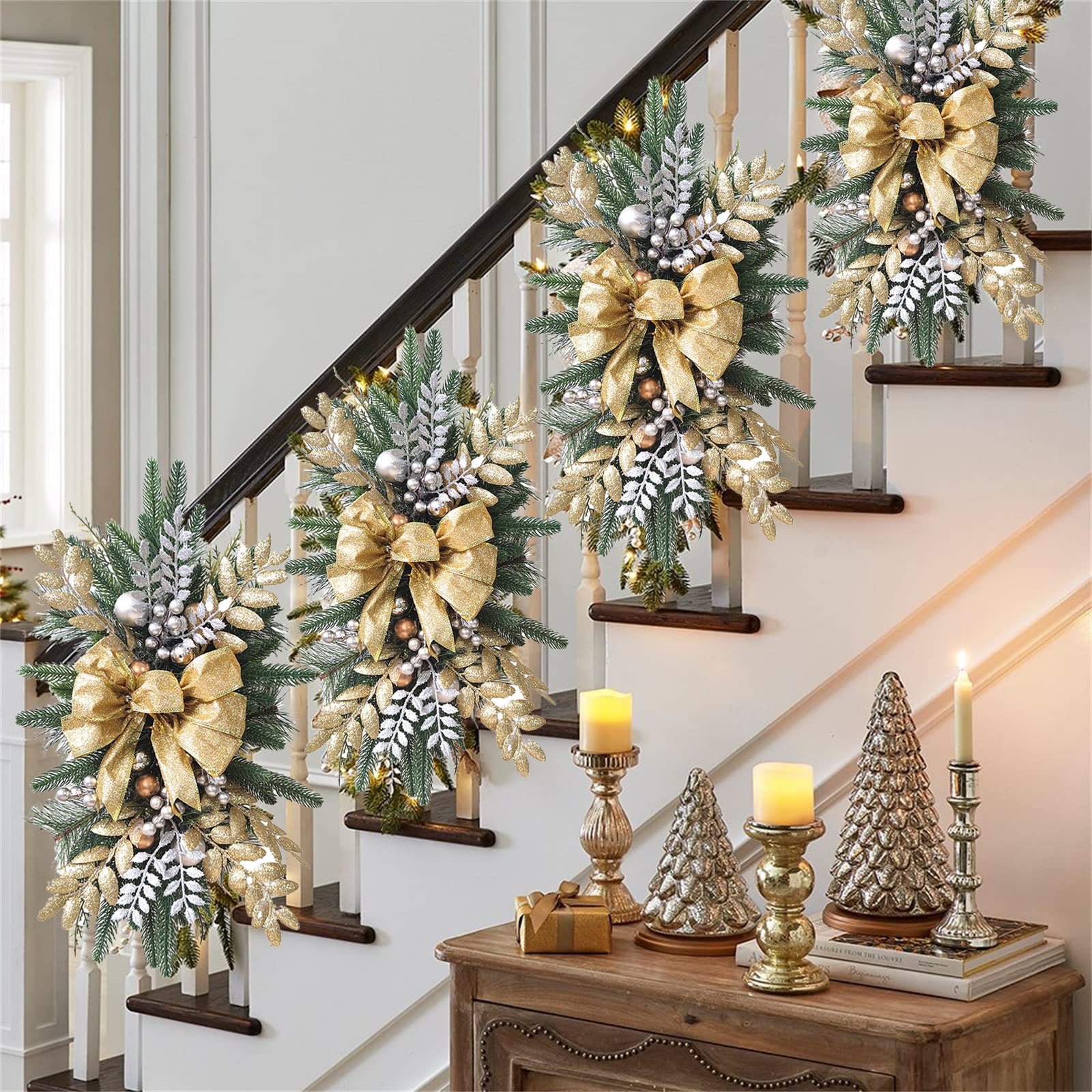 Lot de 4 couronnes de Noël avec lumières LED, guirlande d'escalier de Noël  avec ornement de baies, couronne de porte, décoration de Noël, 60 x 30 cm