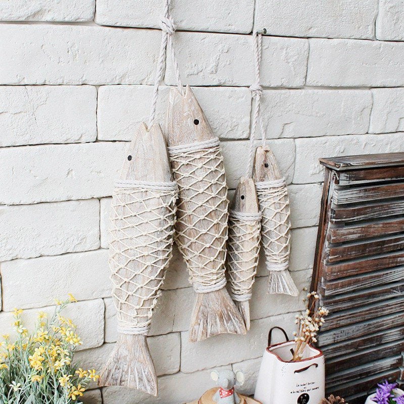 Ensemble de 4 poissons en bois naturel sculptés à la main, poissons côtiers  marins suspendus, sculptures murales, décoration de maison DIY