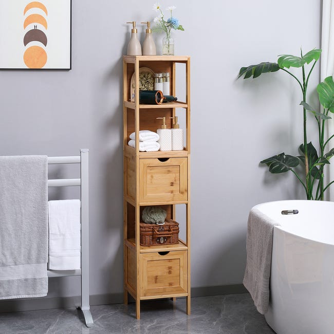 Meuble salle de bain en bambou - Etagères ajustables - 35 x H. 77