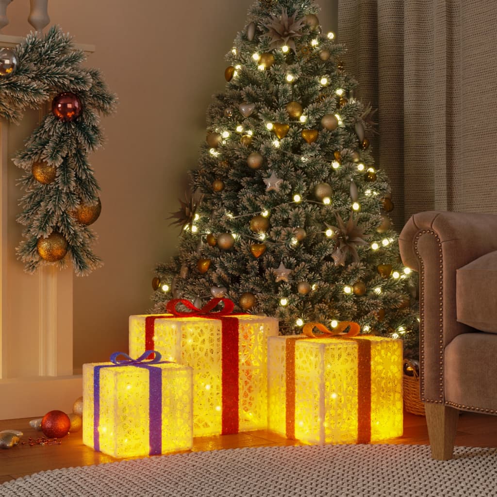 Set 3 Pacchi Regalo Natalizi Luminosi Color Oro Led Bianco Caldo