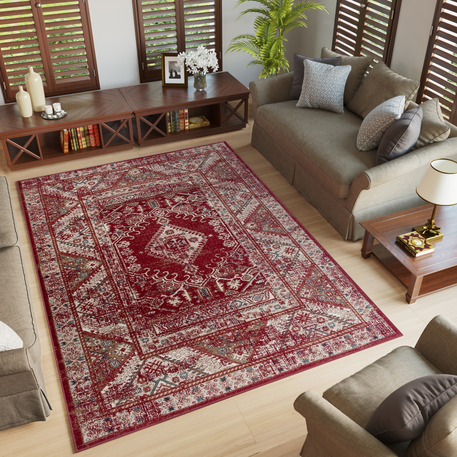 Tapiso dubai alfombra de salón pelo corto tradicional rojo beige ventana borde moteado oeko-tex 180 x 260 cm