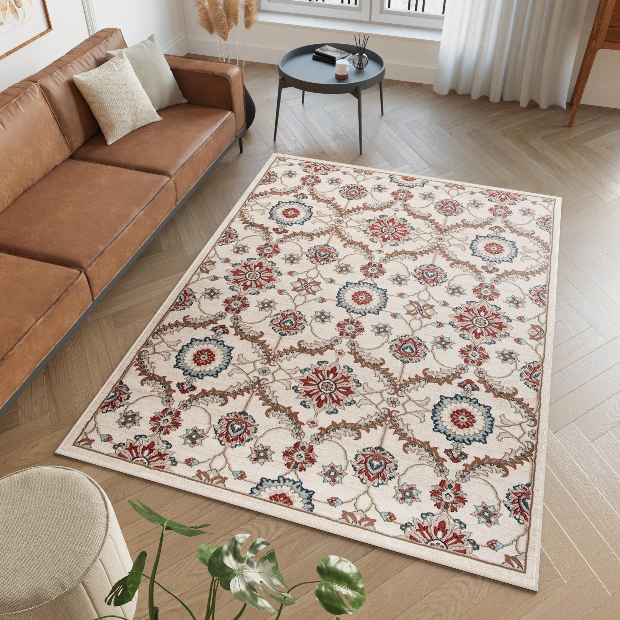 Tapiso dubai alfombra de salón pelo corto tradicional crème rojo azul floral borde oeko-tex 160 x 220 cm