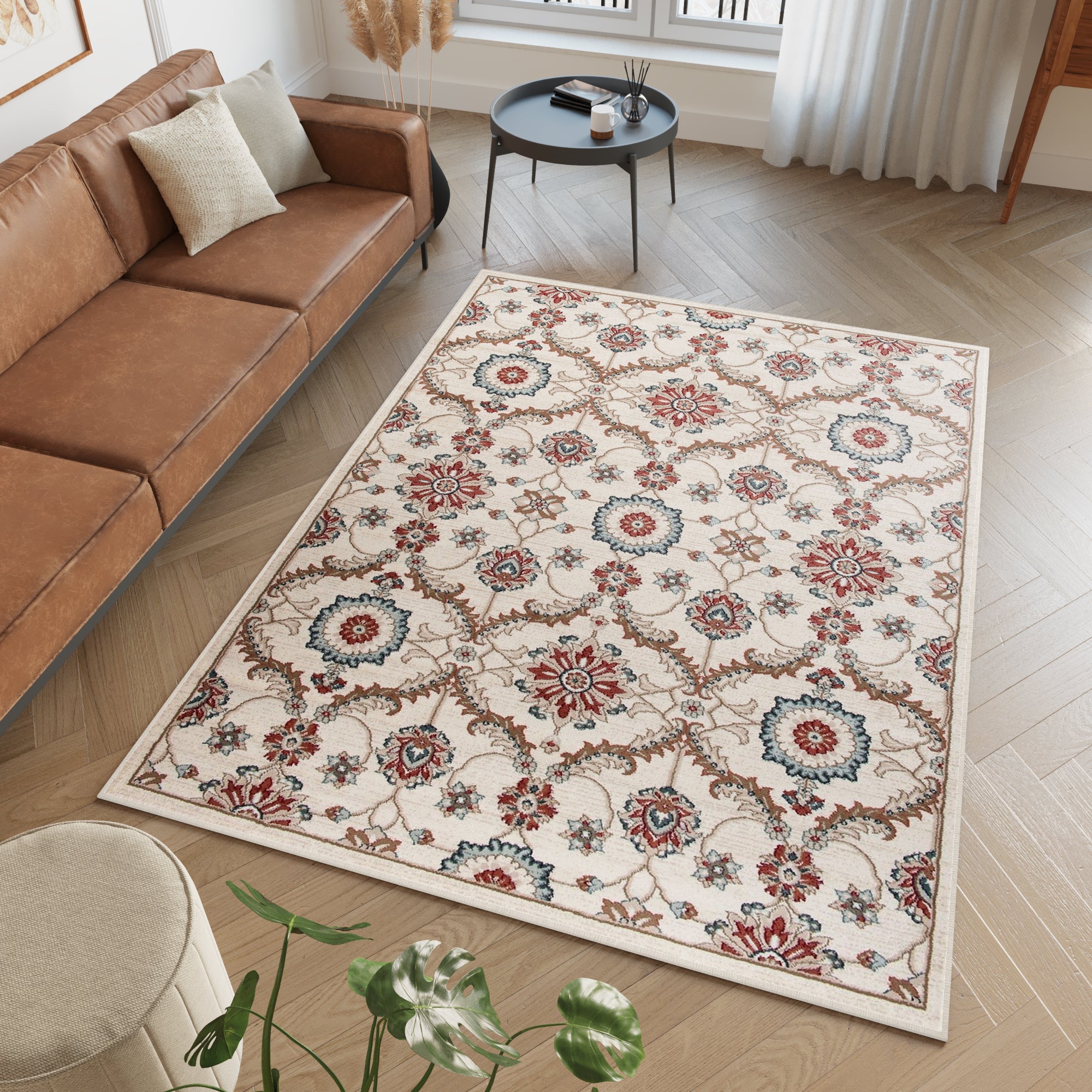 Tapiso dubai alfombra de salón pelo corto tradicional crème rojo azul floral borde oeko-tex 200 x 300 cm