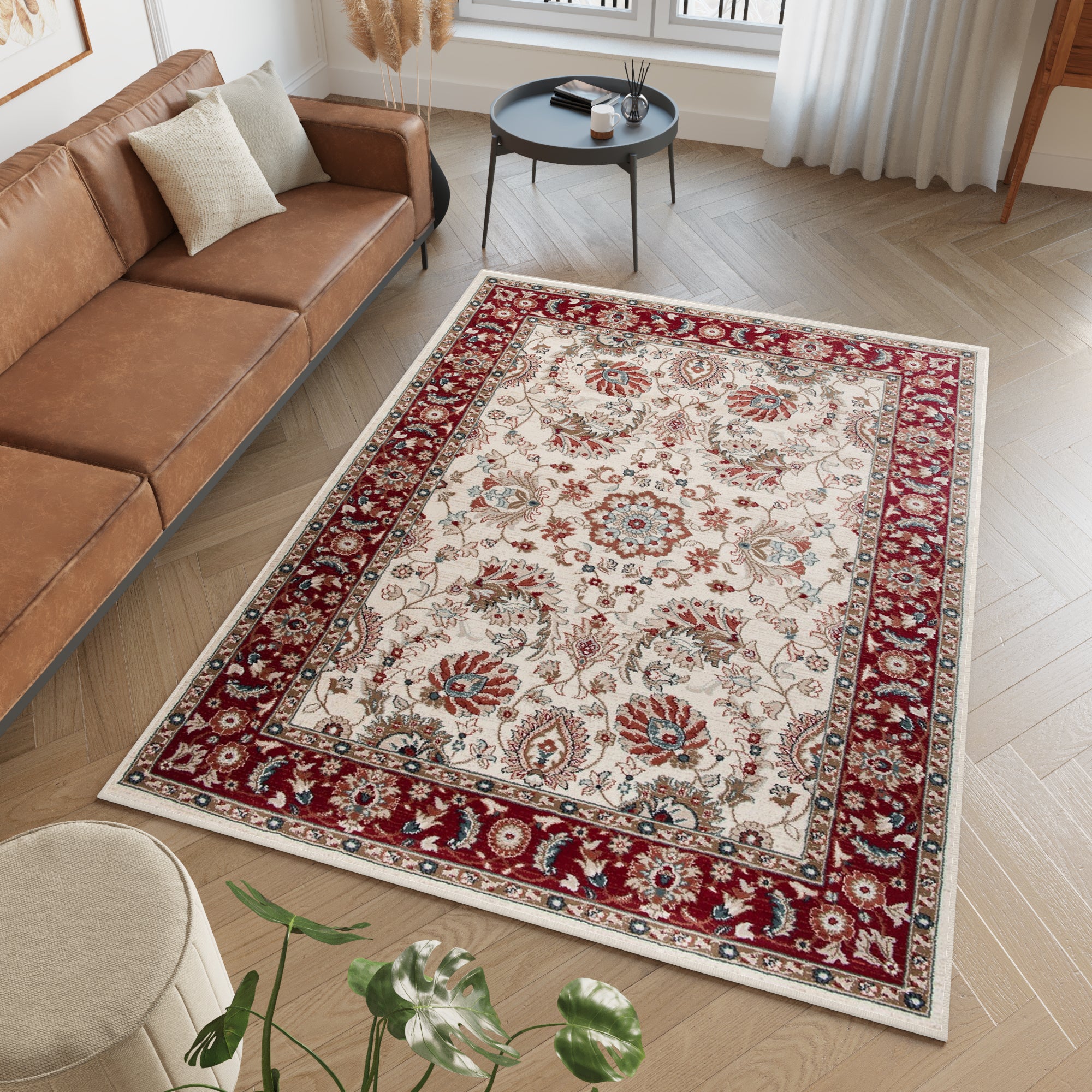 Tapiso dubai alfombra de salón pelo corto tradicional crème azul rojo floral borde oeko-tex 160 x 220 cm