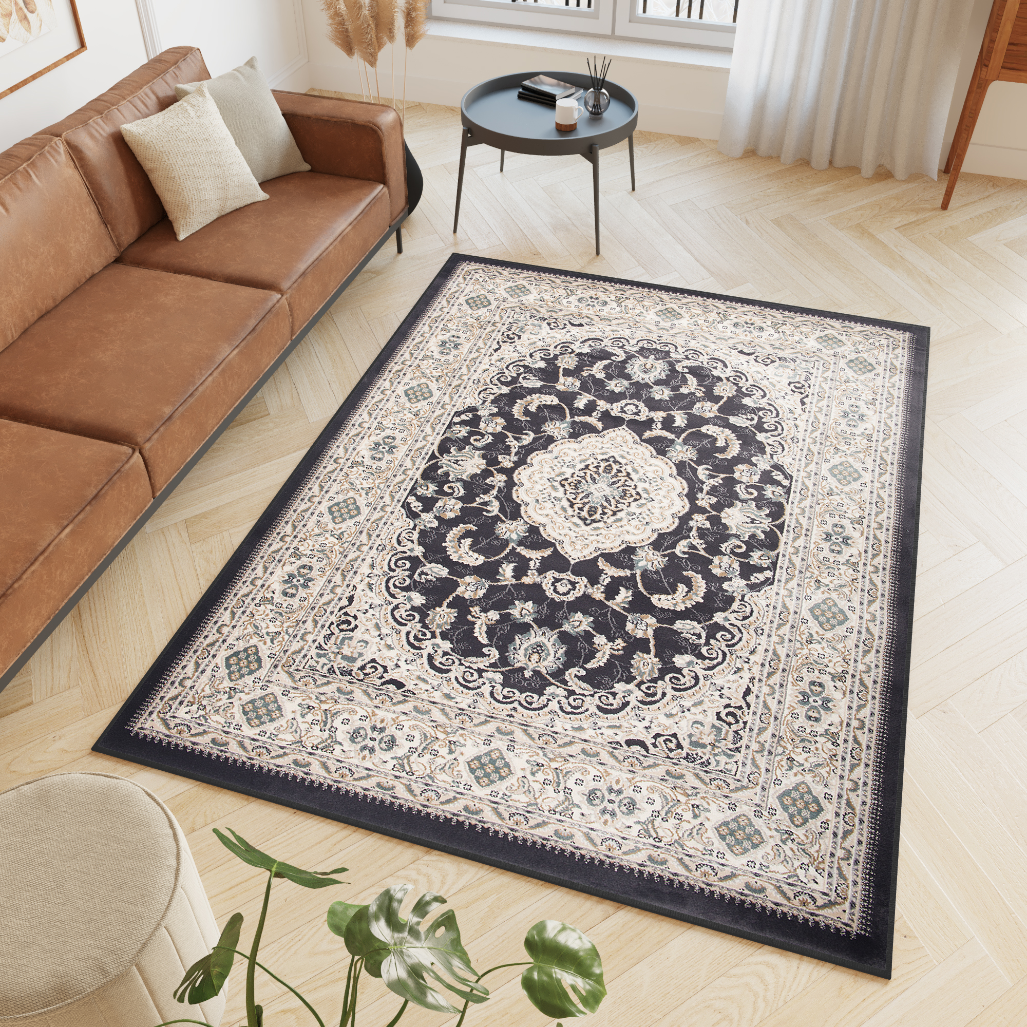 Tapiso dubai alfombra de salón pelo corto tradicional grafito crème floral medallón borde oeko-tex 160 x 220 cm