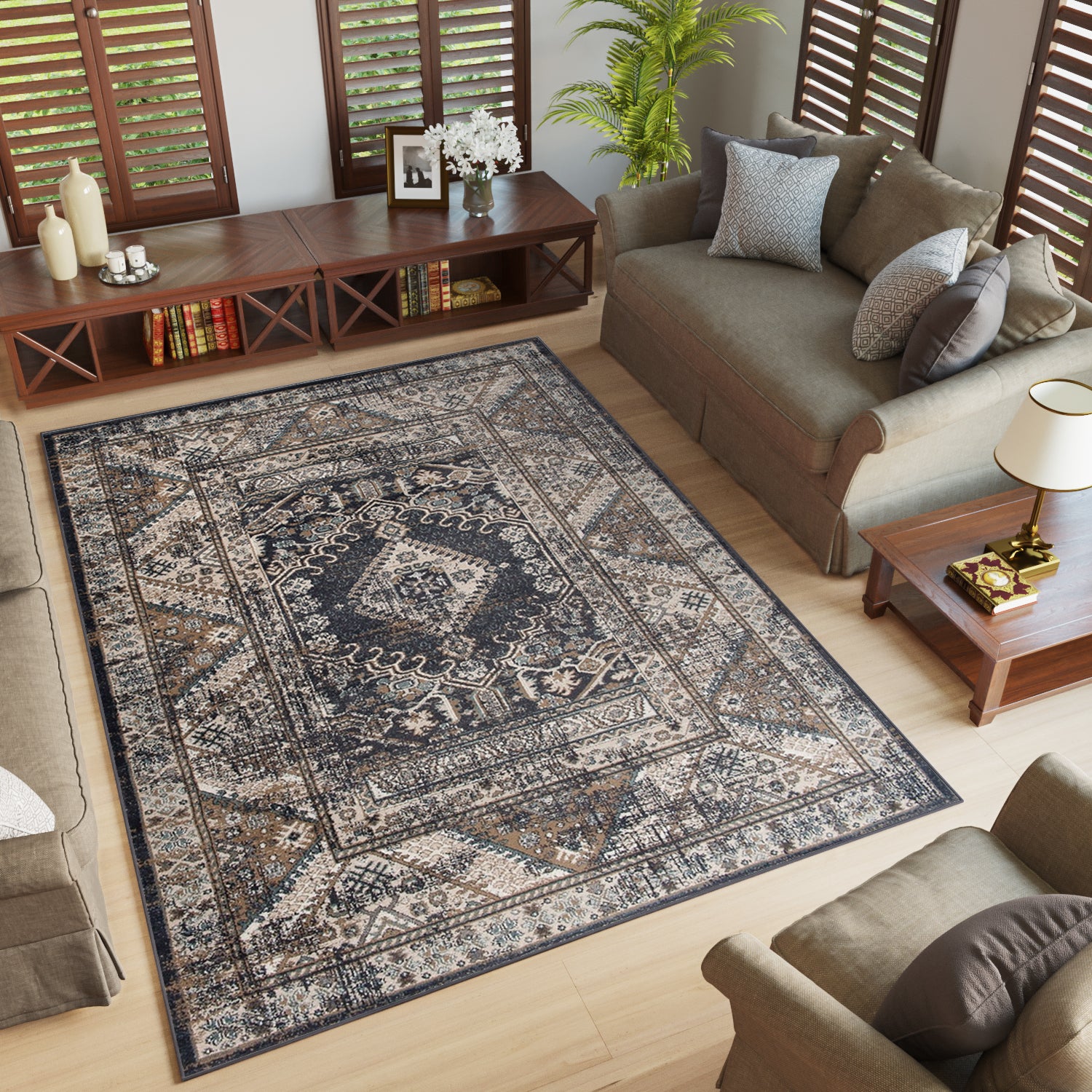 Tapiso dubai alfombra de salón pelo corto tradicional beige grafito ventana borde moteado oeko-tex 160 x 220 cm