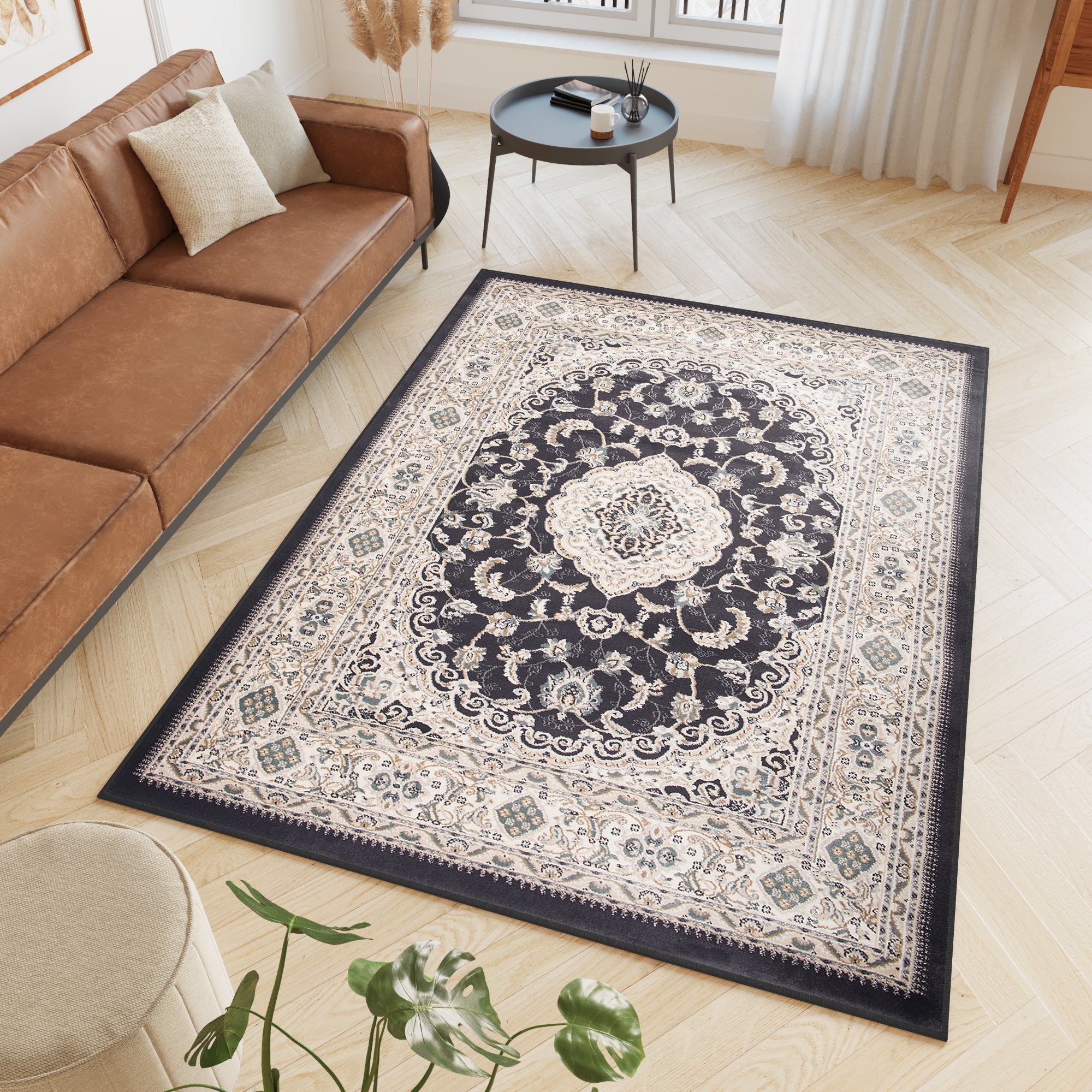 Tapiso dubai alfombra de salón pelo corto tradicional grafito crème floral medallón borde oeko-tex 120 x 170 cm