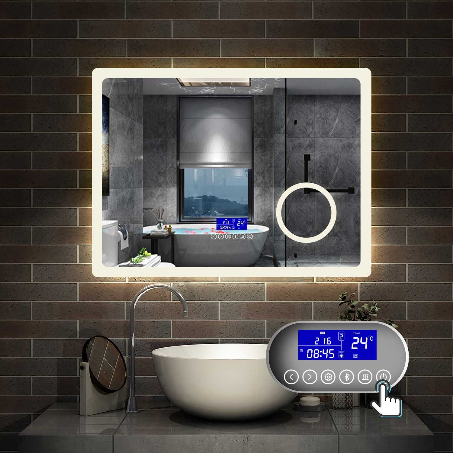 Specchio Da Bagno Rettangolare 80×60cm,Luce Esterna,Antiappannamento,Giallo  Caldo/Bianco Freddo,Touch Bluetooth A Sei Pulsanti,Lente D'ingrandimento