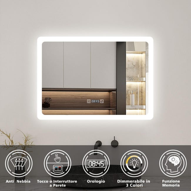 Specchio Led 80x70 Cm Con Ingranditore Orologio E Accensione Touch - Roxy - Foto 14