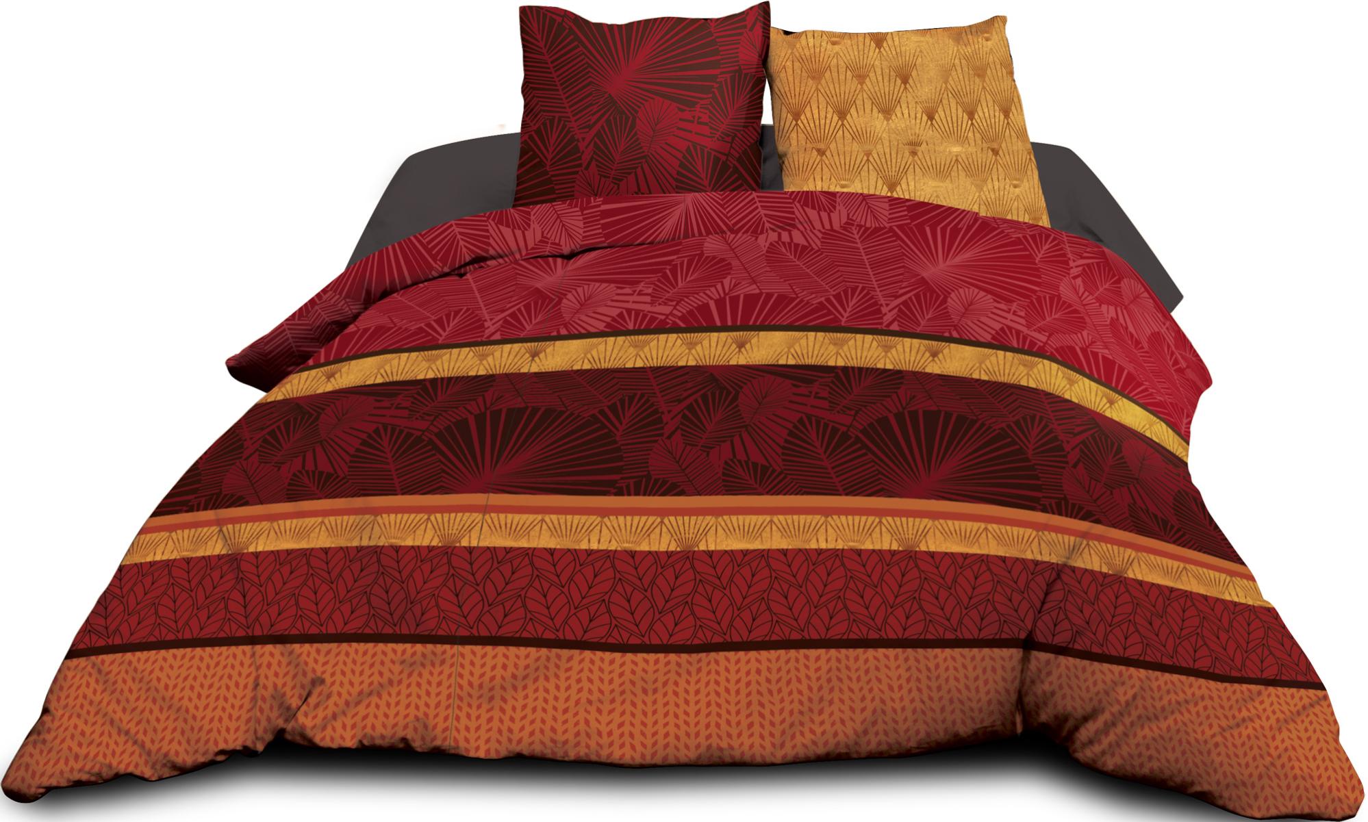 Parure Drap plat + drap-housse 160x200 + 2 T - Pur coton 57 fils - Jade rouge - 3