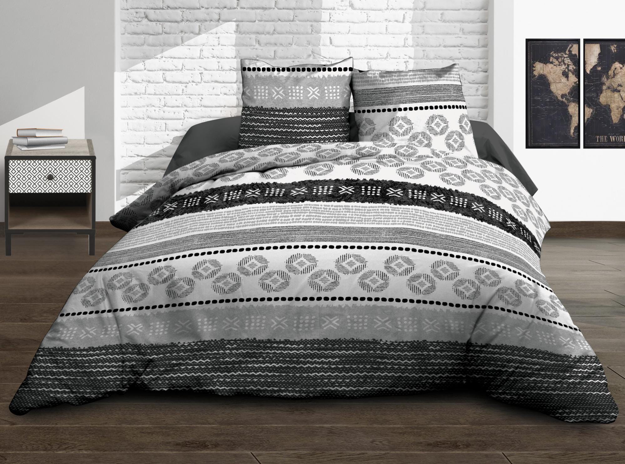Housse de couette 220x240 + 2 taies - Pur coton 57 fils - Yuma gris