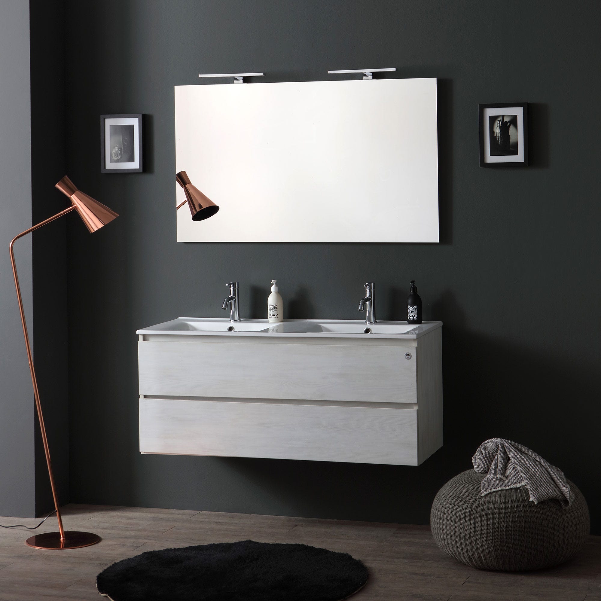 Meuble salle de bain - 120 cm - Plan double vasques céramique - Blanc mat -  A suspendre - KARAIB